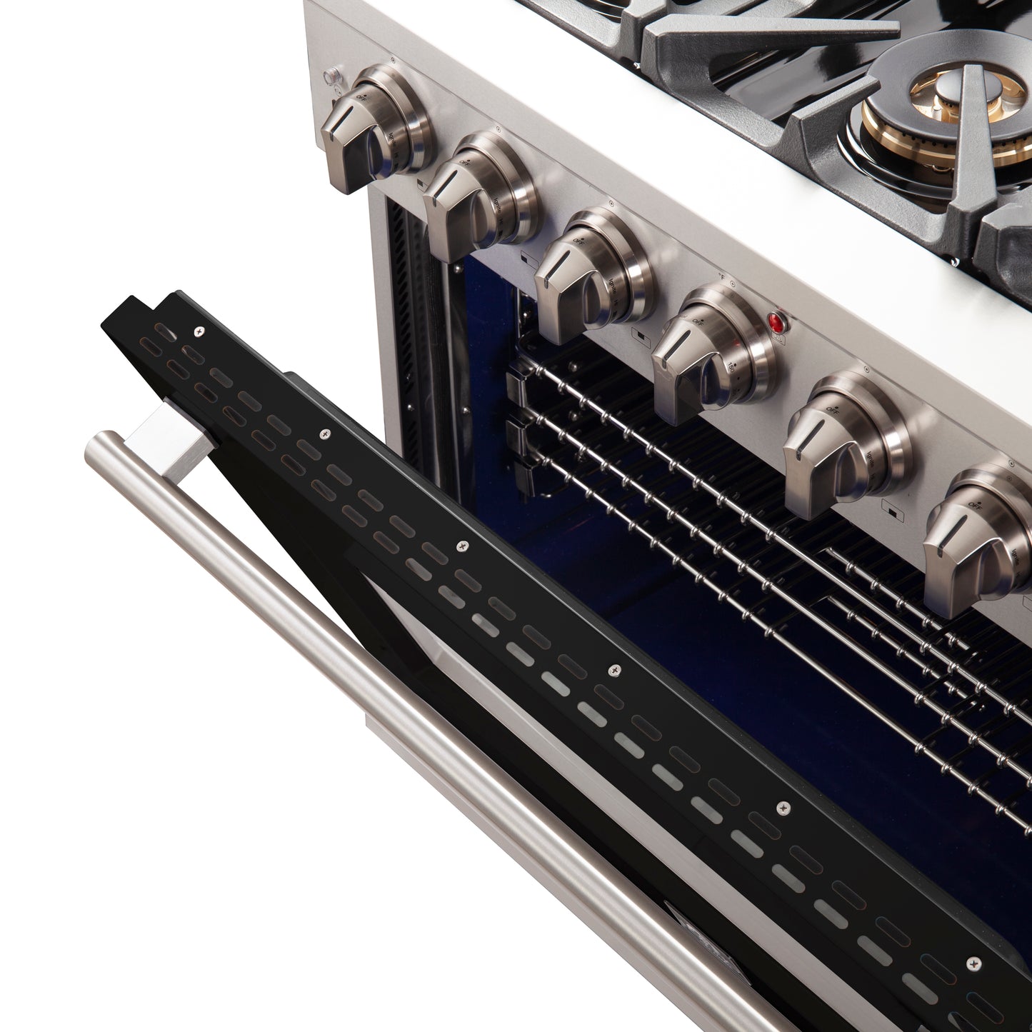 Forno Capriasca 36-Inch Gas Range, Stainless Steel, 6 Brass Burners, 120,000 BTU, Convection Oven, Energy Efficient, Black door