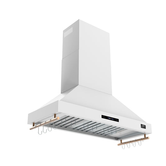 Forno Venezia 48 Inch Wall-Mounted Range Hood in White with Antique Brass Accessories, Touch Controls and Baffle Filters