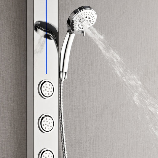 Forno Acqua AcquaSPA Shower Panel with SensoTEMP, Mirrored Stainless Steel Finish, Overhead Rainfall Shower, Handheld Shower Head, Body Jets, 1.8 GPM Flow Rate