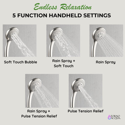 Forno Acqua AcquaFALL Shower, Brushed Nickel Finish, Overhead Rainfall Shower, 7 Way Diverter, Handheld Shower Head, Body Jets, 1.8 GPM Flow Rate