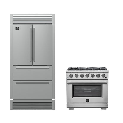 FORNO Premium 2-Piece Kitchen Bundle - Galiano 36" Stainless Steel Range, Forno Moena 36" French Door 19.2 cu. ft Stainless Steel Refrigerator, with Decorative Grill - 40" Wide - FBDL-019-03CAUS