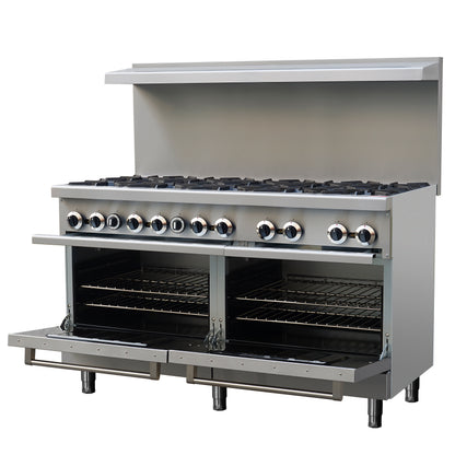 Forno Commerciale 60 Inch Stainless Steel Gas Range, 10 Burners 300,000 BTU Total, 9.3 cu.ft. Ovens