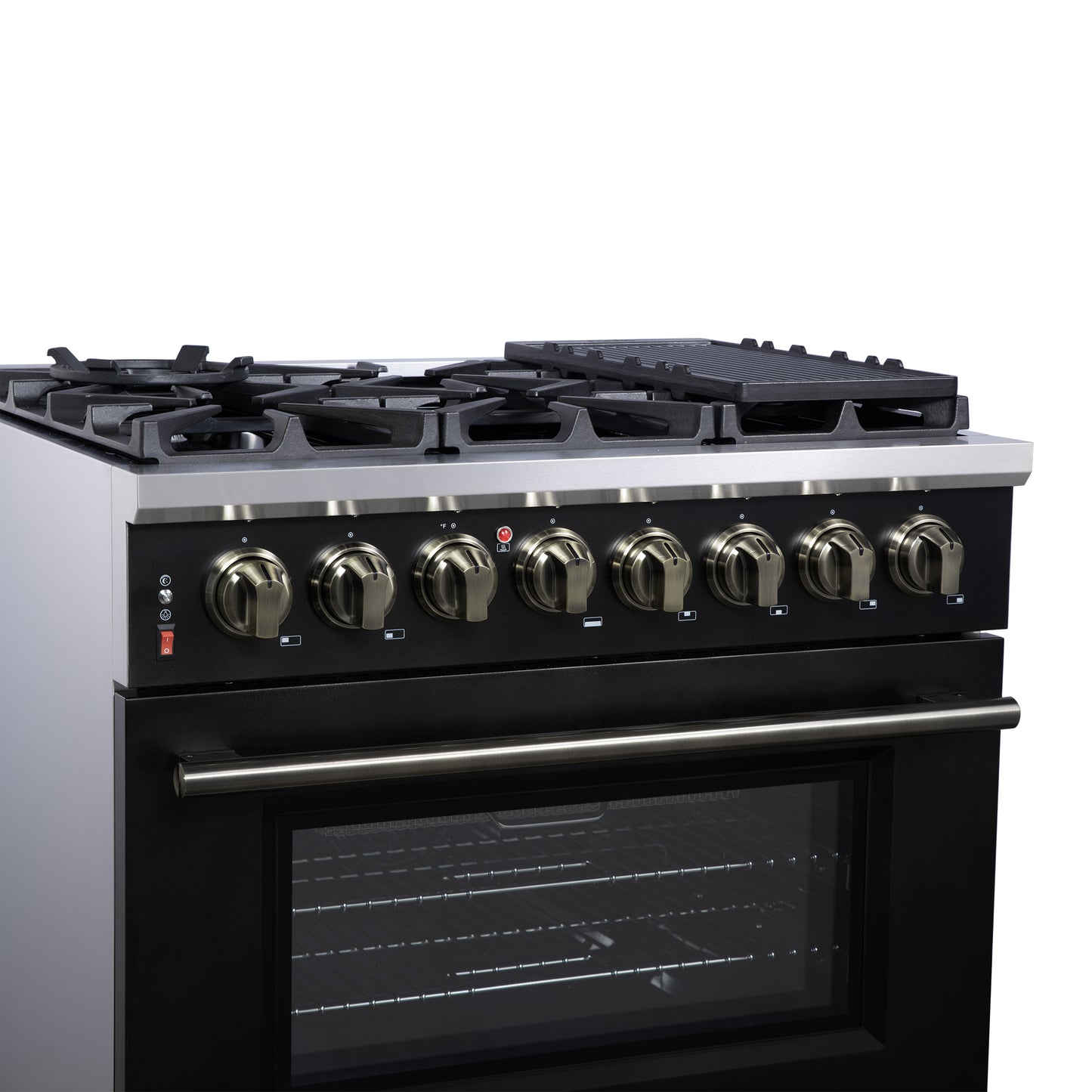 Forno Massimo 36 Inch Freestanding Dual Fuel Range in Black with Antique Brass Accessories, 6 Burners, 5.36 cu. ft. Convection Oven