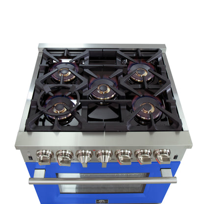 Forno Capriasca 30-Inch Freestanding Dual Fuel Range, 4 Burners, True Convection Oven, Blue Door