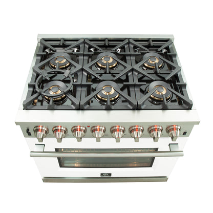 Forno Capriasca 36-Inch Freestanding Dual Fuel Range, 6 Burners, True Convection Oven, White Door