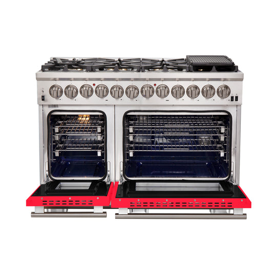 Forno Capriasca 48-Inch Freestanding Dual Fuel Range, 8 Burners, True Convection Oven, Red Doors