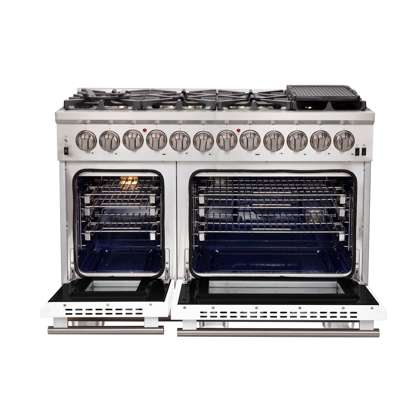 Forno Capriasca 48-Inch Freestanding Dual Fuel Range, 8 Burners, True Convection Oven, White Doors