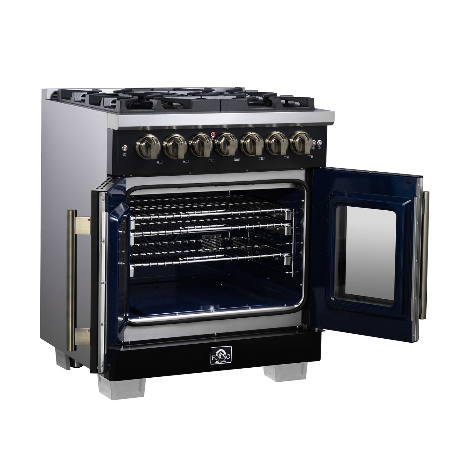Forno Capriasca 30-Inch Freestanding French Door Dual Fuel Range in Black with Antique Brass Accessories, 5 Burners, True Convection Oven