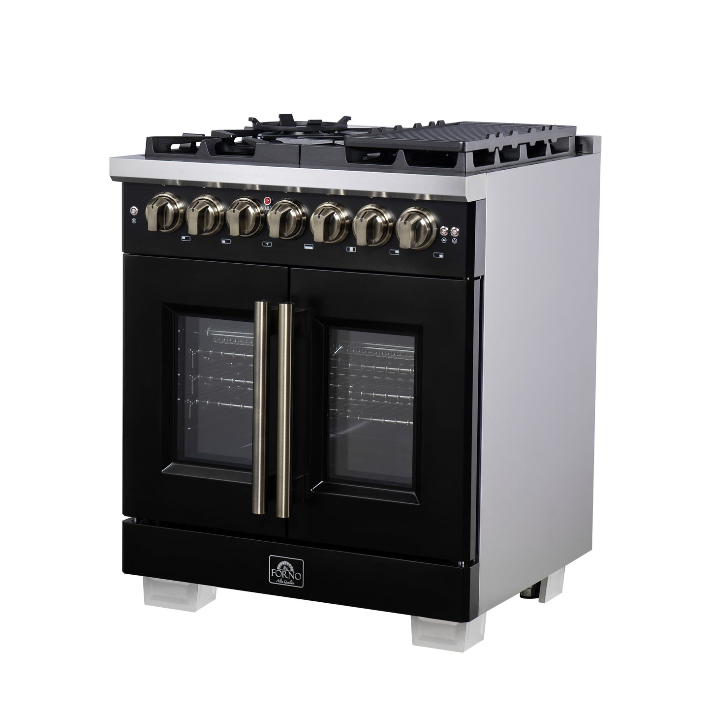 Forno Capriasca 30-Inch Freestanding French Door Dual Fuel Range in Black with Antique Brass Accessories, 5 Burners, True Convection Oven