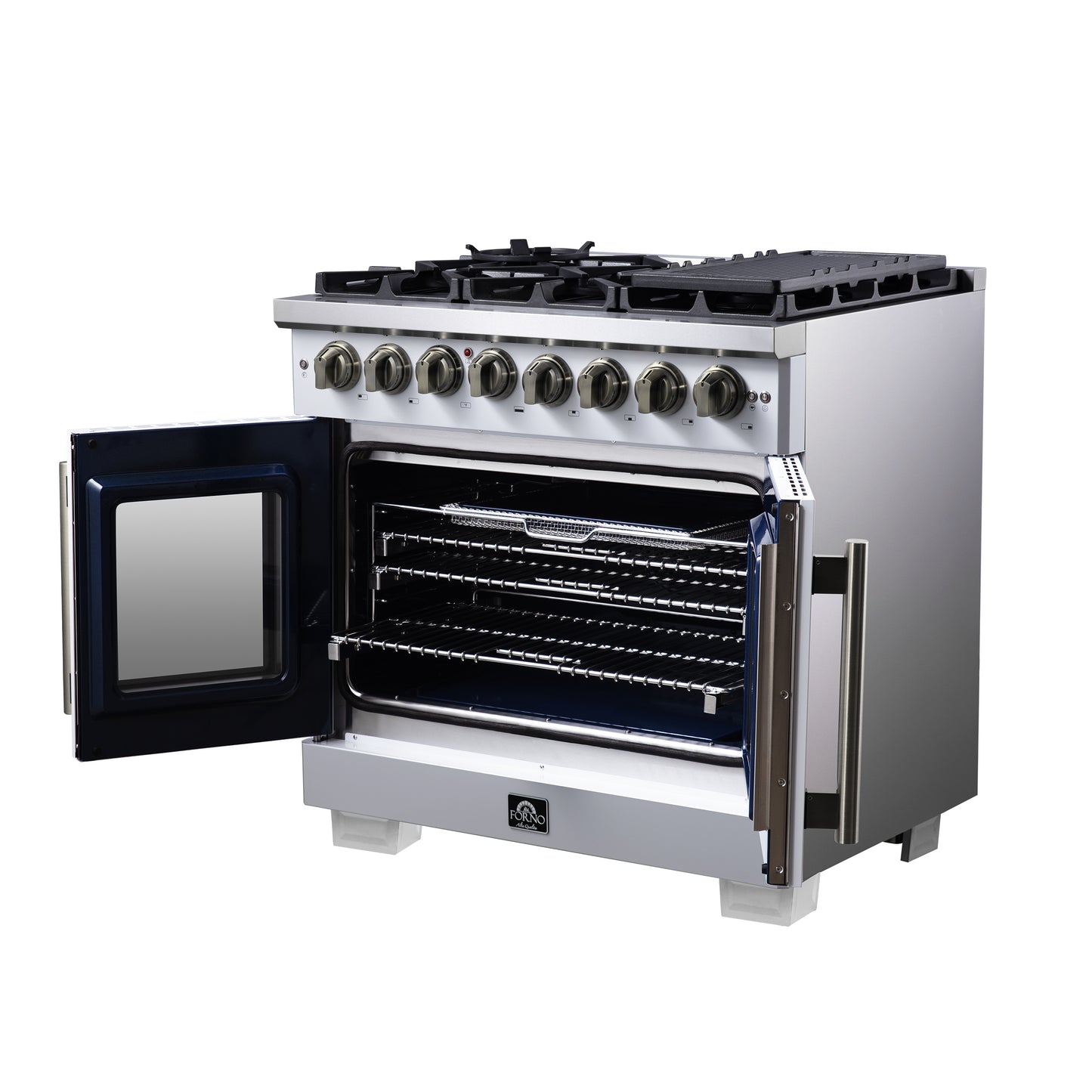 Forno Capriasca 36 Inch Freestanding French Door Dual Fuel Range in White with Antique Brass Accessories, 6 Burners, True Convection Oven