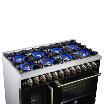 Forno Capriasca 48 Inch Freestanding French Door Dual Fuel Range in Black with Antique Brass Accessories, 8 Burners, True Convection Oven