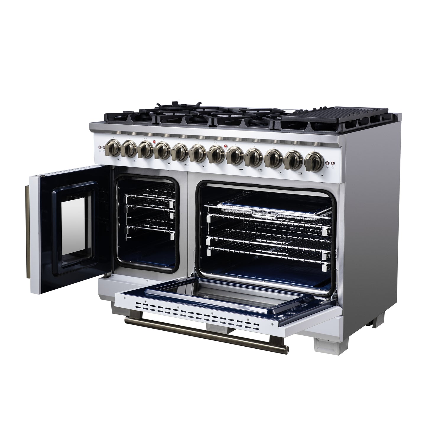 Forno Capriasca 48 Inch Freestanding French Door Dual Fuel Range in White with Antique Brass Accessories, 8 Burners, True Convection Oven