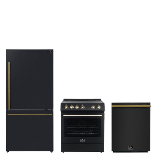 FORNO Premium 3-Piece Kitchen Bundle - Leonardo Espresso 30" Black Range, 31" Black Bottom Freezer Refrigerator, 24" Black Built-In Dishwasher - FBDL-007-02CA