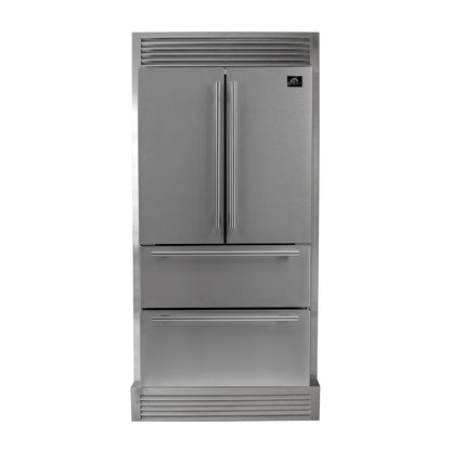 FORNO Premium 2-Piece Kitchen Bundle - Galiano 36" Stainless Steel Range, Forno Moena 36" French Door 19.2 cu. ft Stainless Steel Refrigerator, with Decorative Grill - 40" Wide - FBDL-019-03CAUS