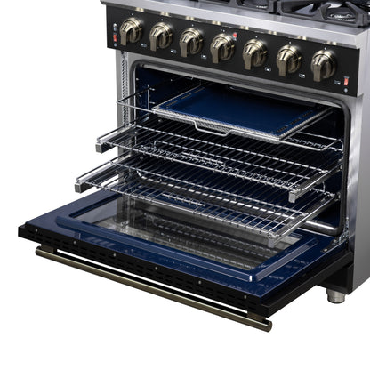 Forno Massimo 36-Inch Black Freestanding Gas Range, 6 Sealed Burners, Convection Oven, Energy Efficient