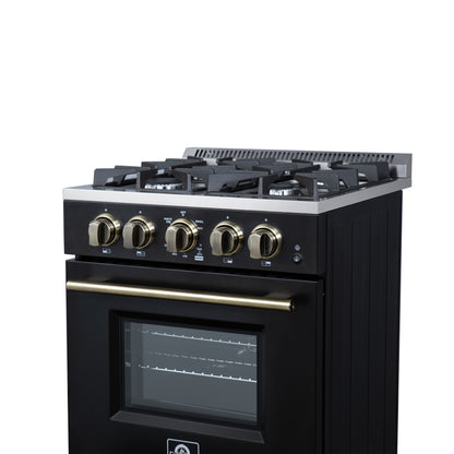 Forno Breno 24 Inch Freestanding Gas Range in Black with Antique Brass, Plug Included, Energy Efficient