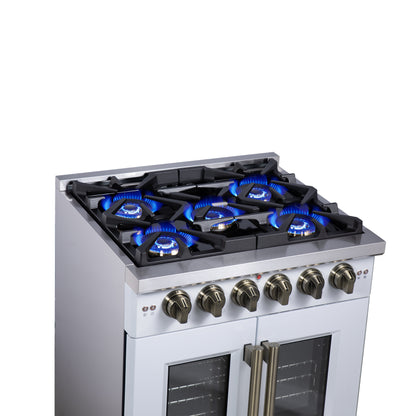 Forno Capriasca 30-Inch White Freestanding French Door Gas Range, 4 Burners, Convection Oven, Energy Efficient
