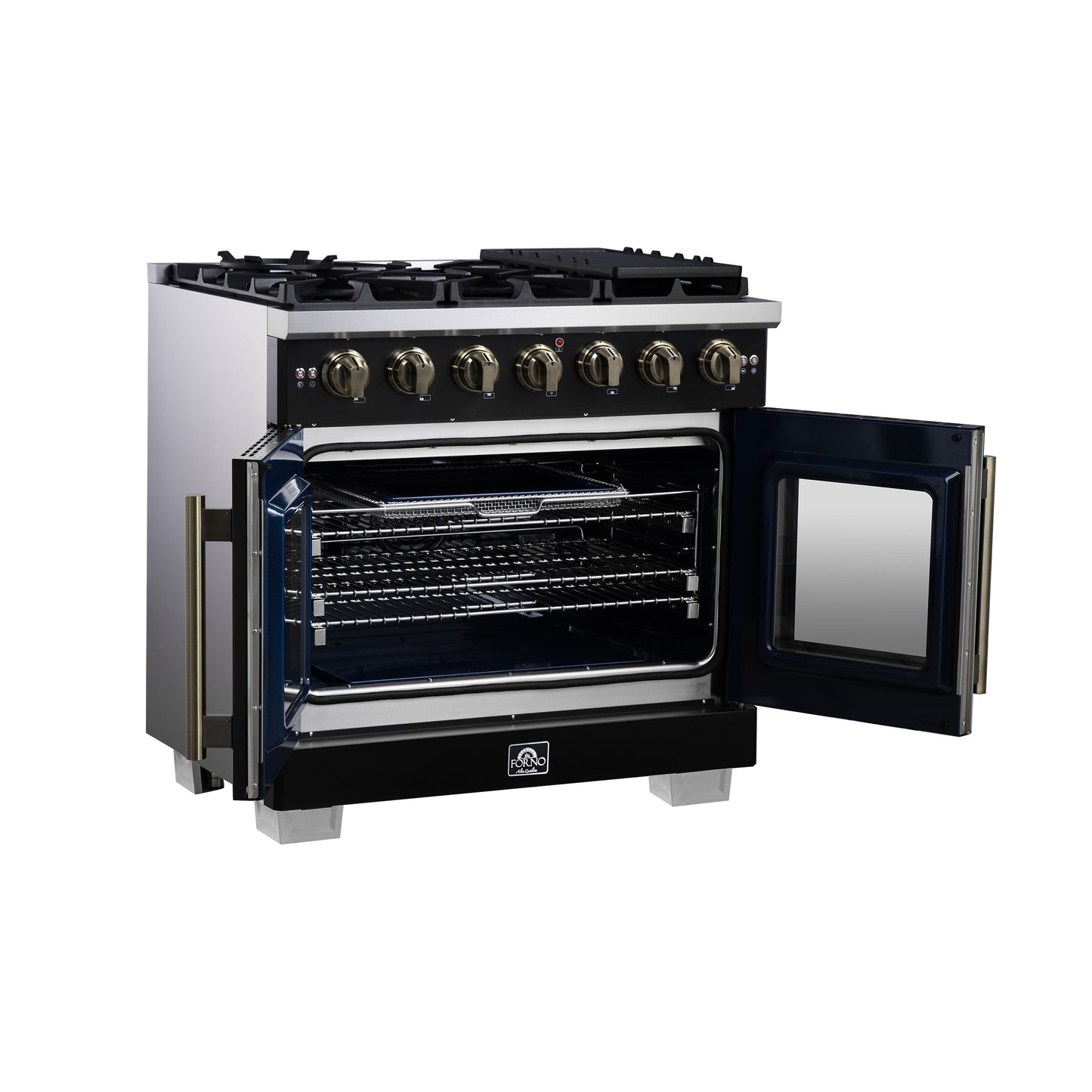 Forno Capriasca 36-Inch Black Freestanding French Door Gas Range, 6 Burners, Convection Oven, Energy Efficient