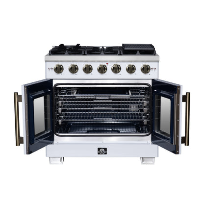 Forno Capriasca 36-Inch White Freestanding French Door Gas Range, 6 Burners, Convection Oven, Energy Efficient
