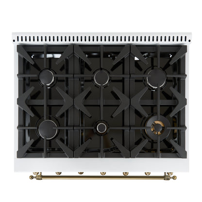 Forno Antico 36-Inch Freestanding Gas Range, White, Antique Brass Design, 6 Burners, Convection Oven, Energy Efficient