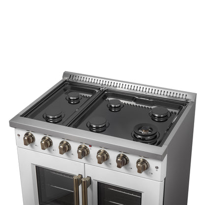 Forno Galiano 36-inch French Door Gas Range White and Antique Brass Design, 6 Sealed Burners 83,000 BTU, 5.36 cu.ft. Convection Oven