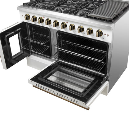 Forno Galiano 48-Inch Freestanding French Door Gas Range, White & Antique Brass