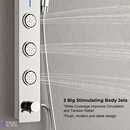Forno Acqua AcquaSPA Shower Panel with SensoTEMP, Mirrored Stainless Steel Finish, Overhead Rainfall Shower, Handheld Shower Head, Body Jets, 1.8 GPM Flow Rate